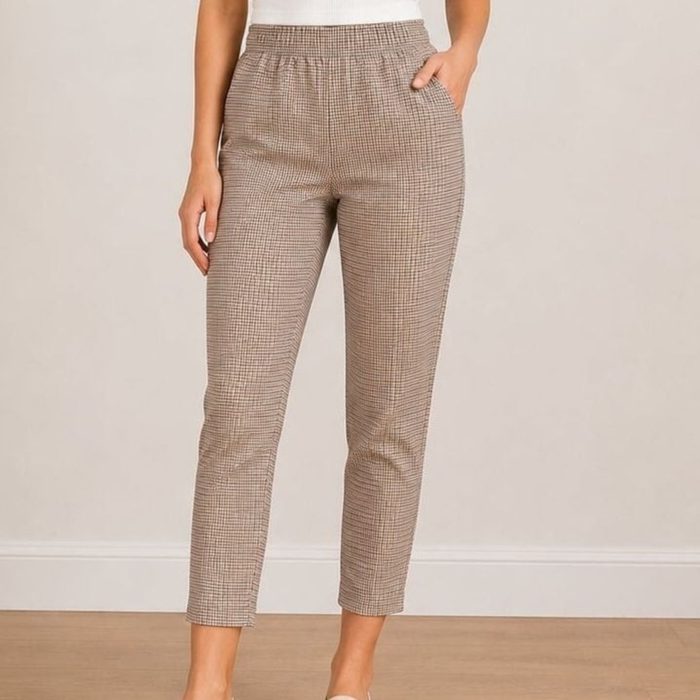 Tulle Plaid Check Pull On Stretch Ankle Pants Skinny Cropped Autumn Fall Women's